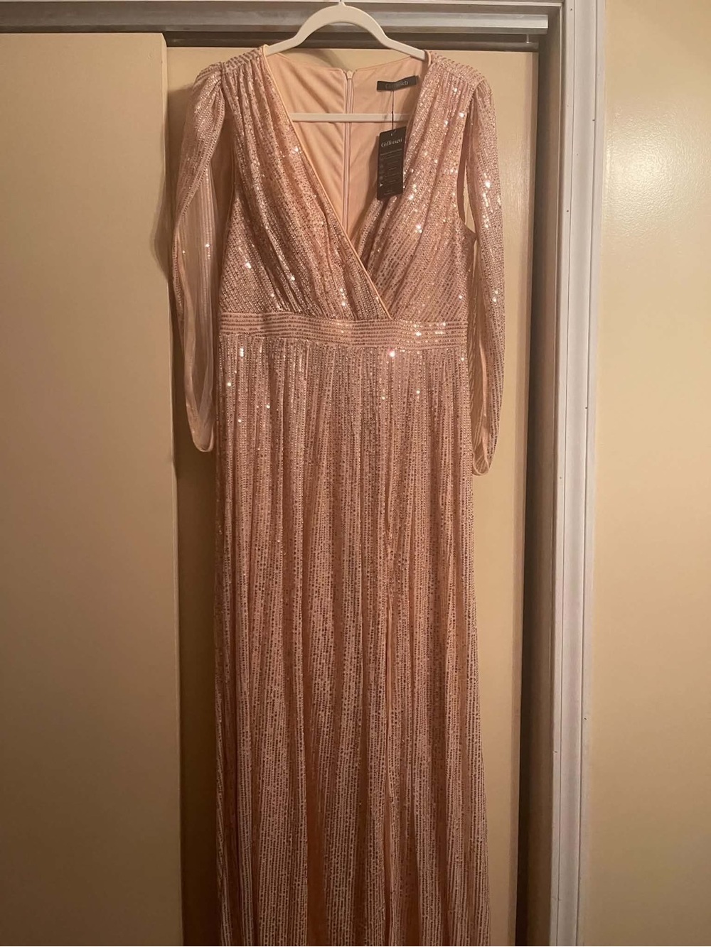 Sequin Blush Long-Sleeve V-Neck Evening Gown